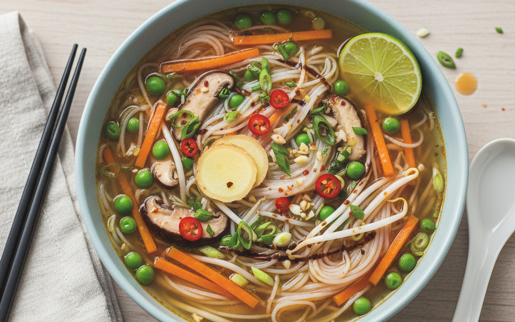Asiatische vegane Reisnudelsuppe mit knackigem Gemüse
