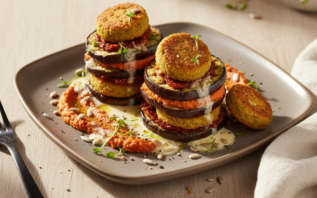 Vegane Auberginen-Türmchen mit Falafeln