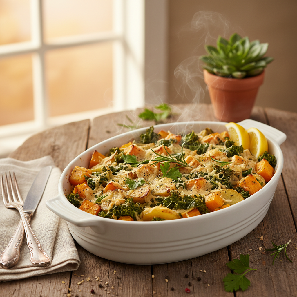 Veganer herbstlicher Auflauf mit Kürbis & Grünkohl