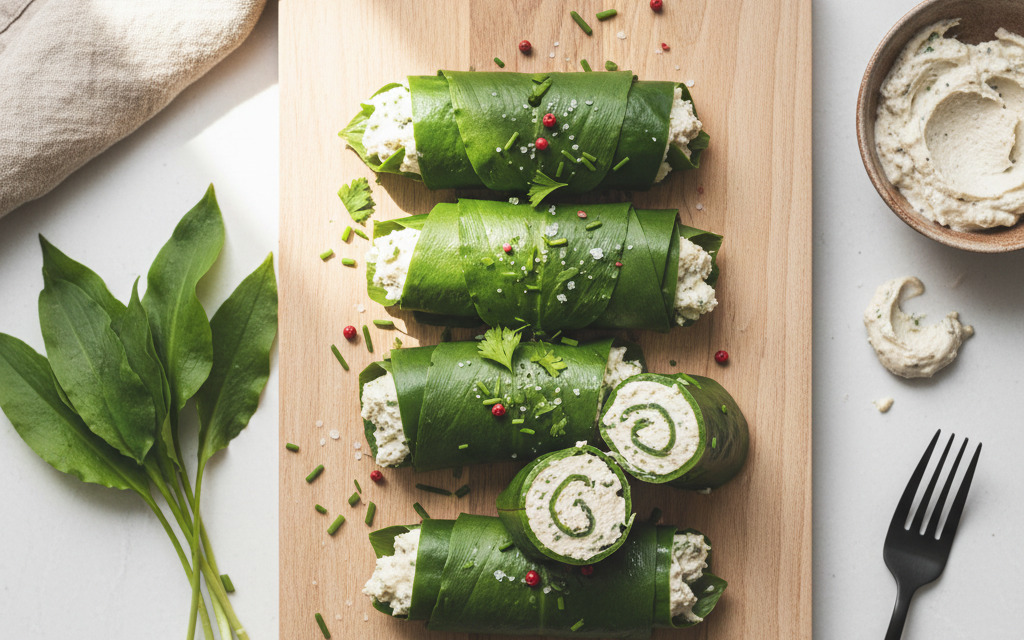 Vegane Rohköstliche Bärlauch-Frischkäse-Röllchen