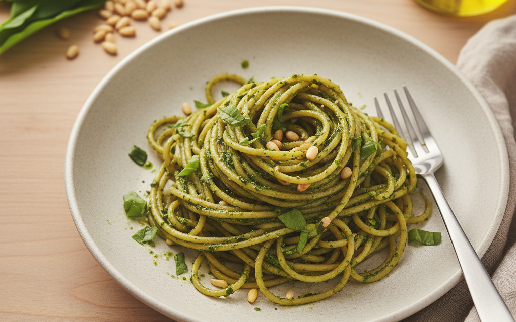 Schmackhaftes vegane Bärlauch-Pesto mit Vollkorn-Spagetthi