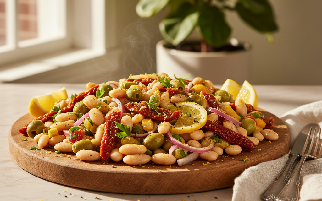 Weißer Bohnensalat mit grünen Oliven und Zitrusdressing