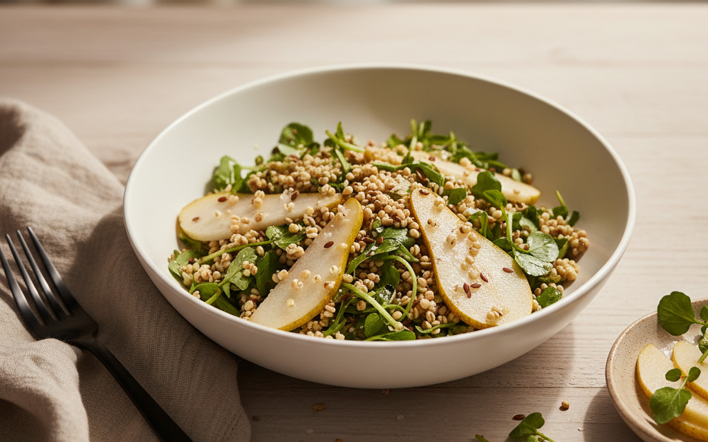 Veganer Braunhirse-Salat mit Brunnenkresse & Birne