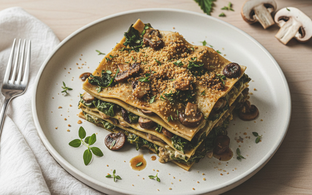 Brennnessel vegane Lasagne mit Pilzen