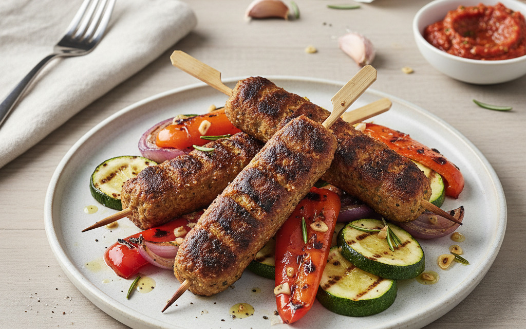 Vegane Cevapcici-Spieße mit Grillgemüse