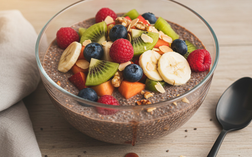 Leckerer Veganer Chia-Pudding mit Obstsalat