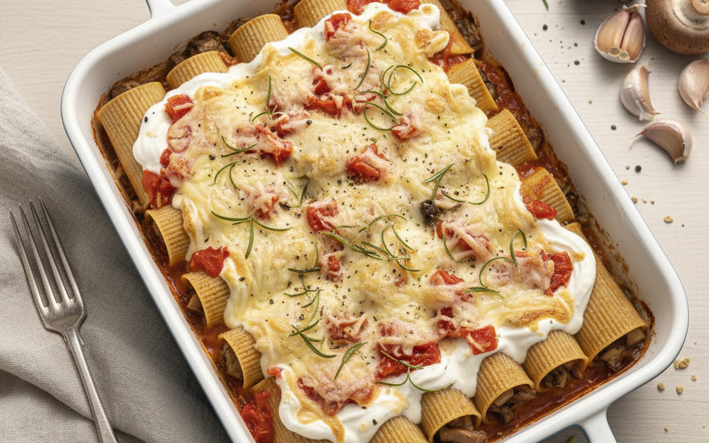 Vegane Dinkel-Cannelloni gefüllt mit Pilzen