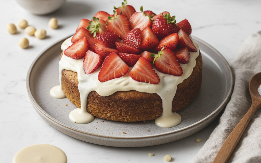 Einfacher Veganer Erdbeer-Kuchen mit Macadamia-Vanille-Creme