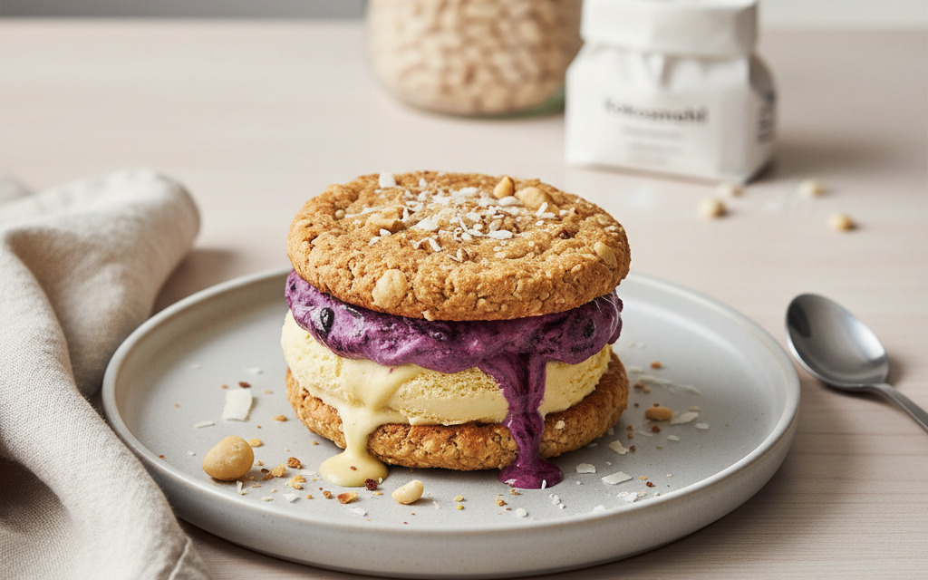 Veganes Eis-Sandwich mit glutenfreien Macadamia-Kokos-Cookies