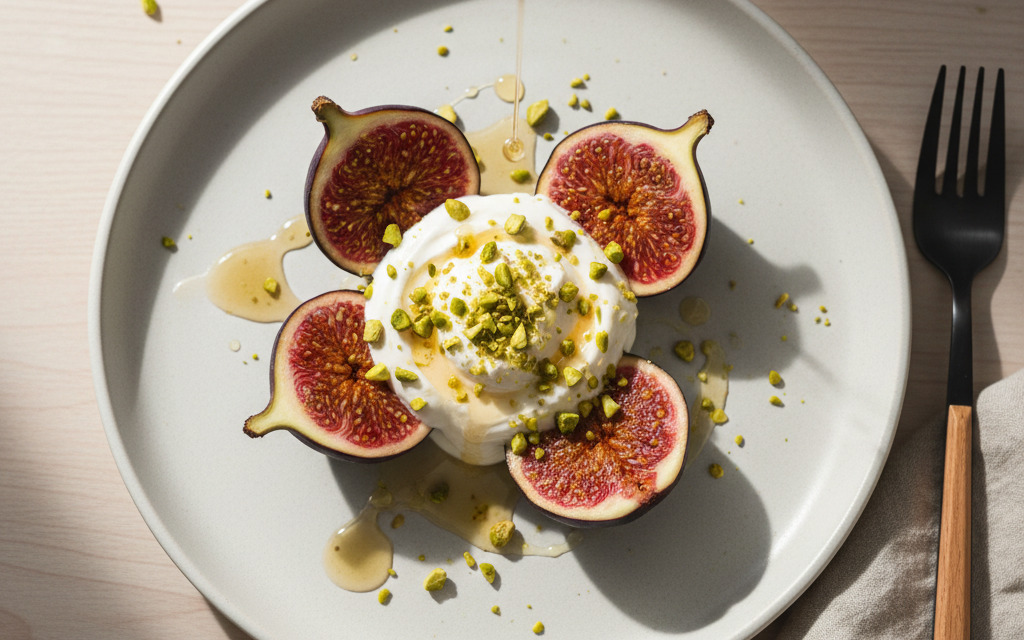 Feigen Vegane mit Sauerrahm-Creme und Pistazien