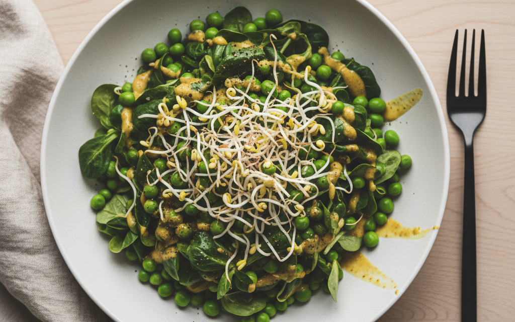 Feldsalat veganer mit Erbsen und Sprossen
