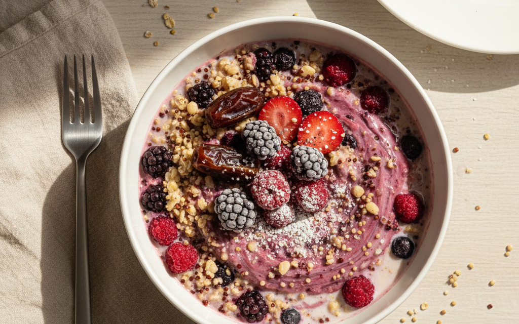 Veganes Frischkorn-Frühstücksbrei mit Beeren