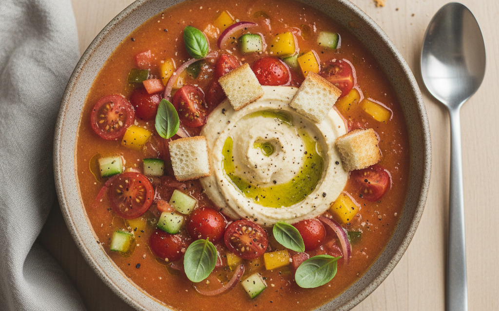 Fruchtige Vegane Gazpacho mit Hummus