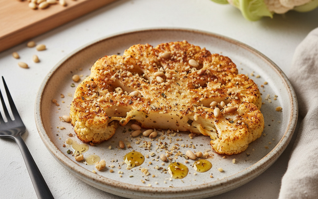 Gebackenes Veganes Blumenkohl-Steak mit Parmesan & Pinienkernen