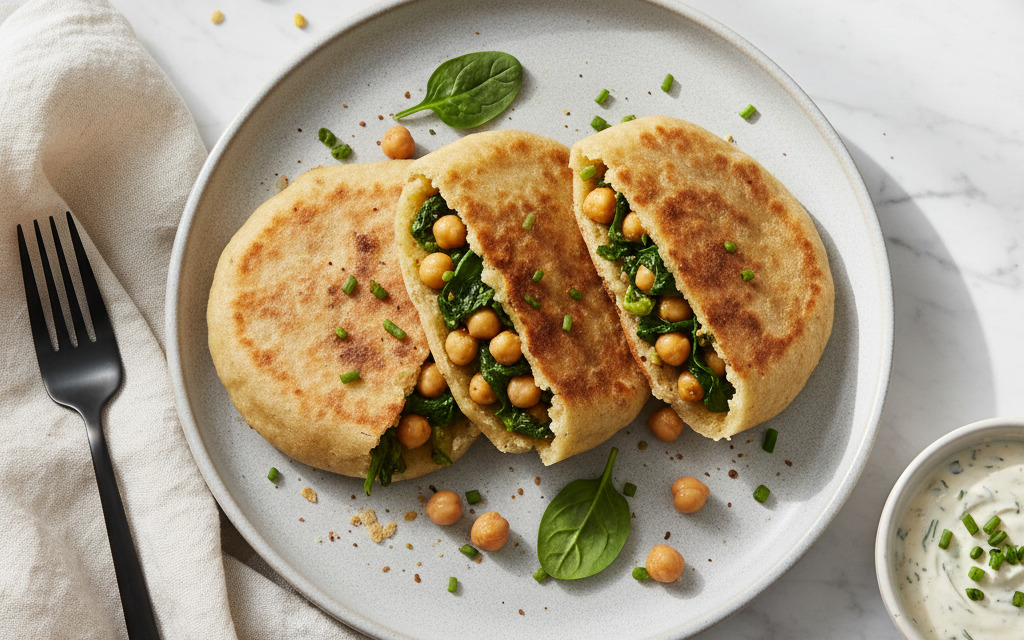 Vegane gefüllte Fladen mit Kichererbsen & Spinat