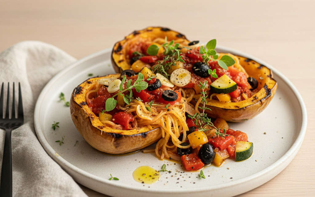 Gegrillter Veganer Spaghetti-Kürbis mit Letscho
