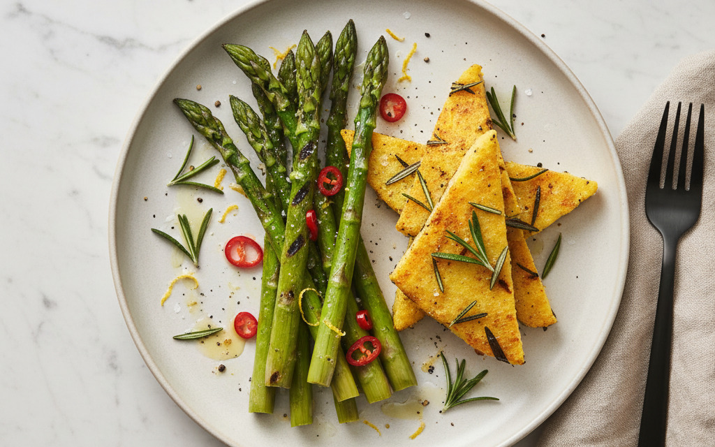Gegrillter vegane Spargel mit Polenta-Schnitten