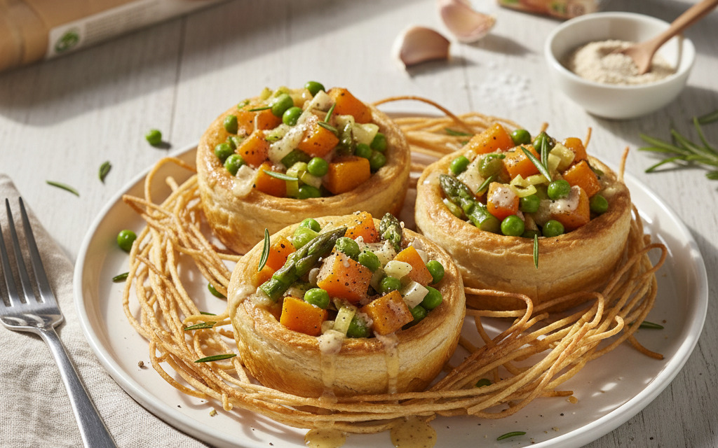 Vegane Gemüse-Törtchen im Strudelteignest