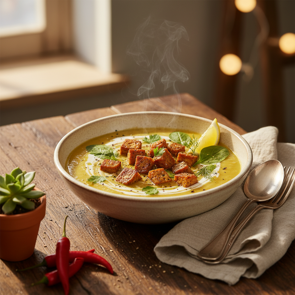 Vegane Gemüsecremesuppe mit Tempeh Croutons