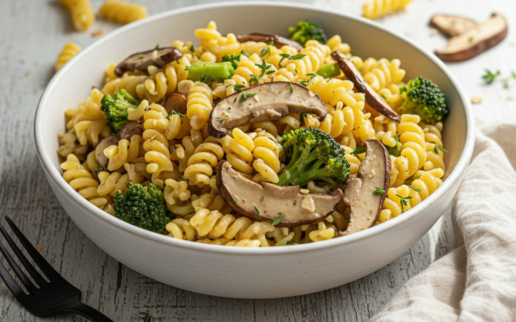 Glutenfreie Vegane Mais-Pasta mit Brokkoli und Pilzen
