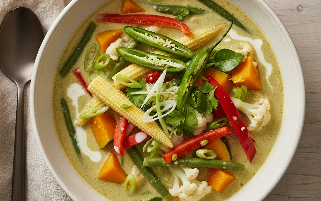 Veganes Green Curry mit Kokosmilch und knackigem Gemüse