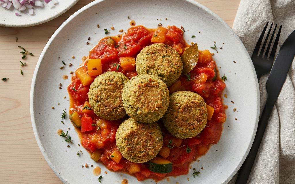 Vegane Grünkern-Bällchen auf Letscho