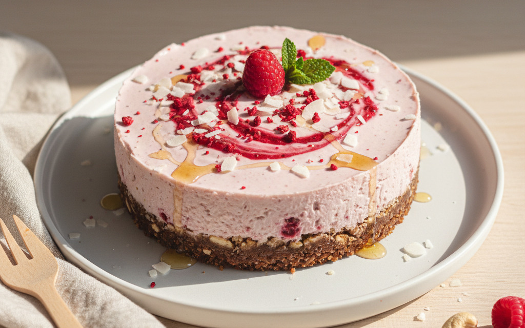Vegane Rohköstlicher Himbeer-Kokos-Cheesecake