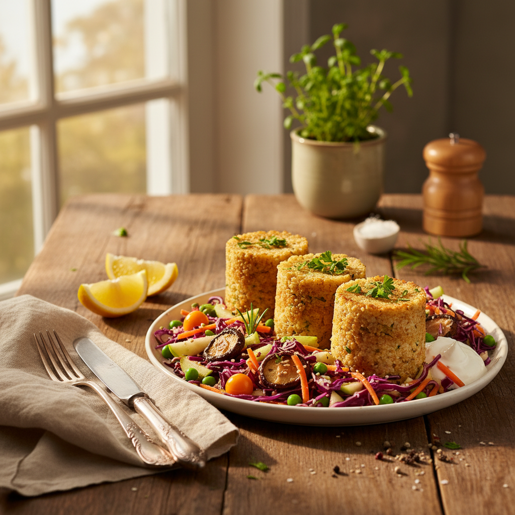 Veganer Hirse-Türmchen mit fruchtigem Rotkraut-Salat