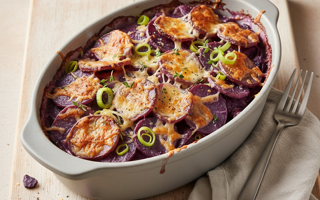 Vegane Kartoffel-Auflauf in violett