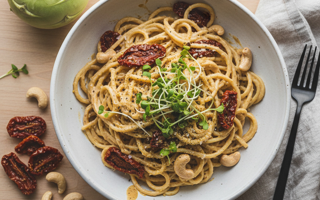 Vegane Kohlrabi-Pasta mit Cashew & getrocknete Tomaten Creme