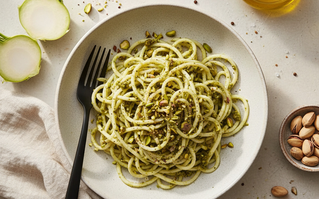 Vegane Kohlrabi-Pasta mit Pistazien-Pesto