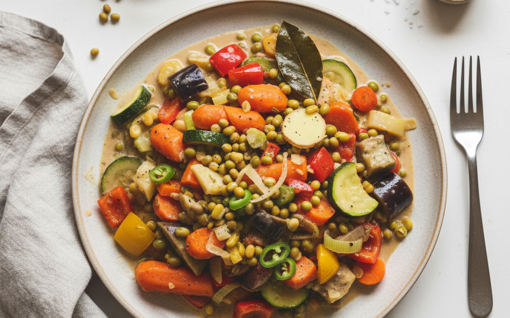 Buntes Vegane Kokos-Gemüse mit Mungbohnen
