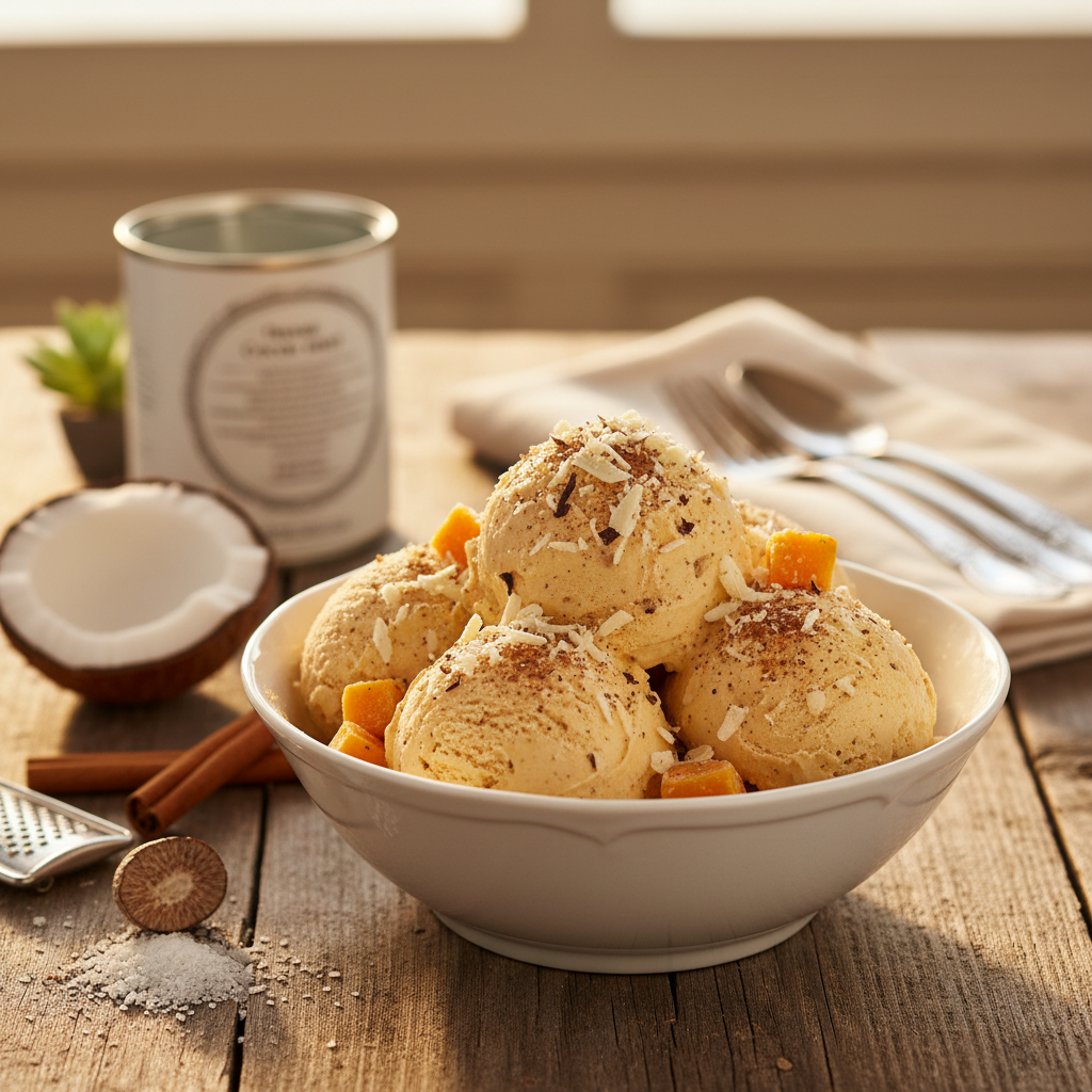 Veganes Kürbis-Kokos-Eis mit weißer Schokolade