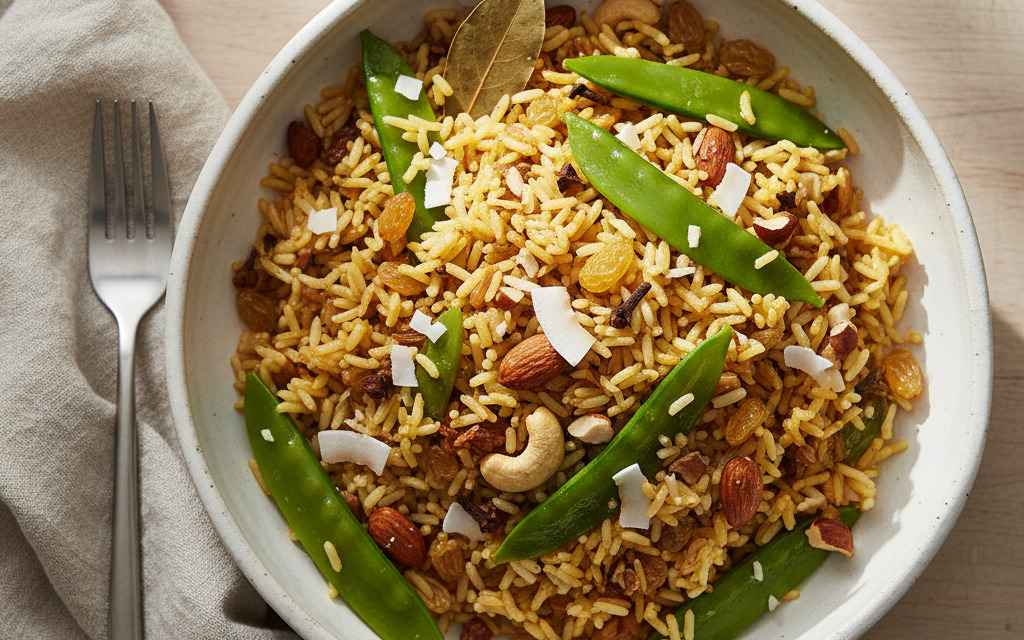 Veganes Kokos-Safran Reis mit Zuckerschoten