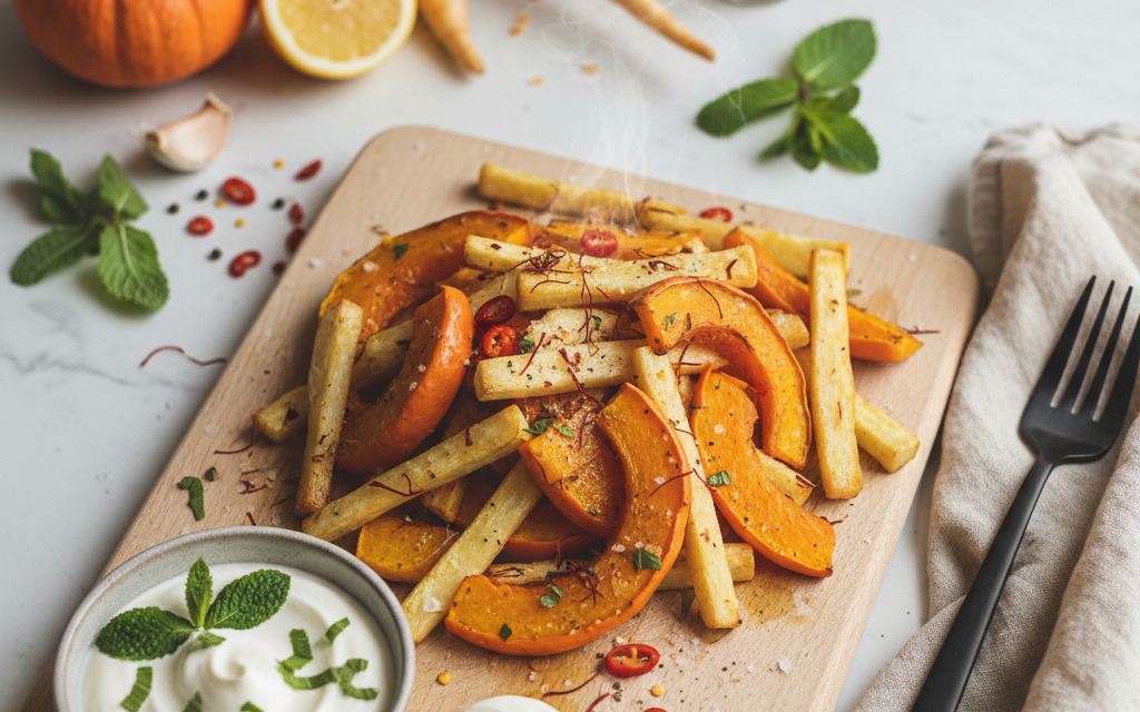Kürbis-Pastinaken Fritten mit Safran und Minzdip