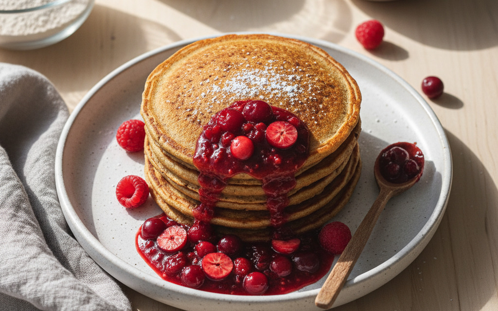 Veganer Lebkuchen-Pancakes mit Himbeer-Cranberry-Sauce
