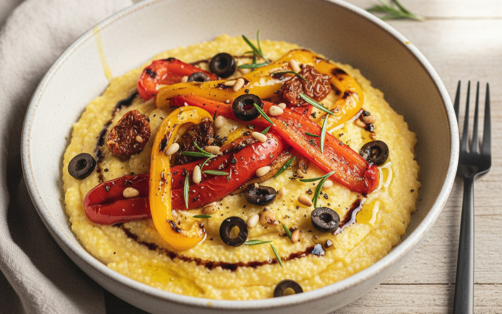 Mediterrane vegane Polenta mit gegrilltem Paprika