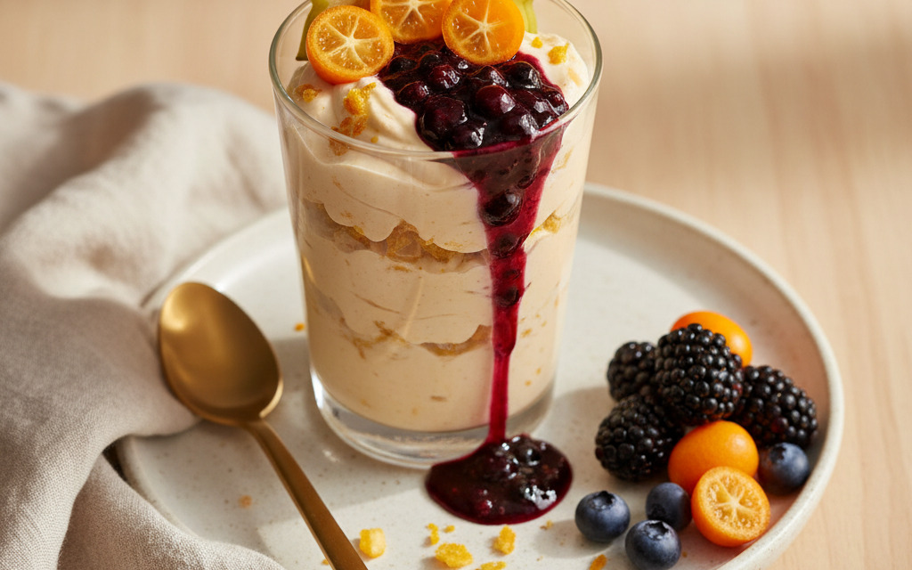 Vegane Orangenflöckchen Parfait mit Beerenspiegel und Kumquats