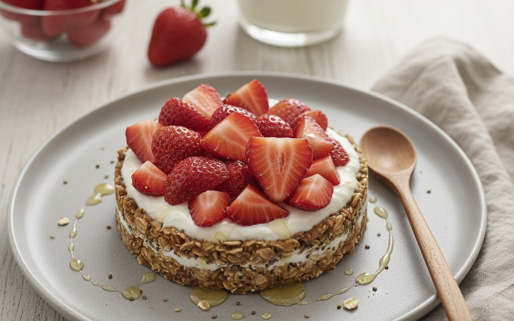 Overnight veganes Oats Frühstücks-Törtchen mit Erdbeeren