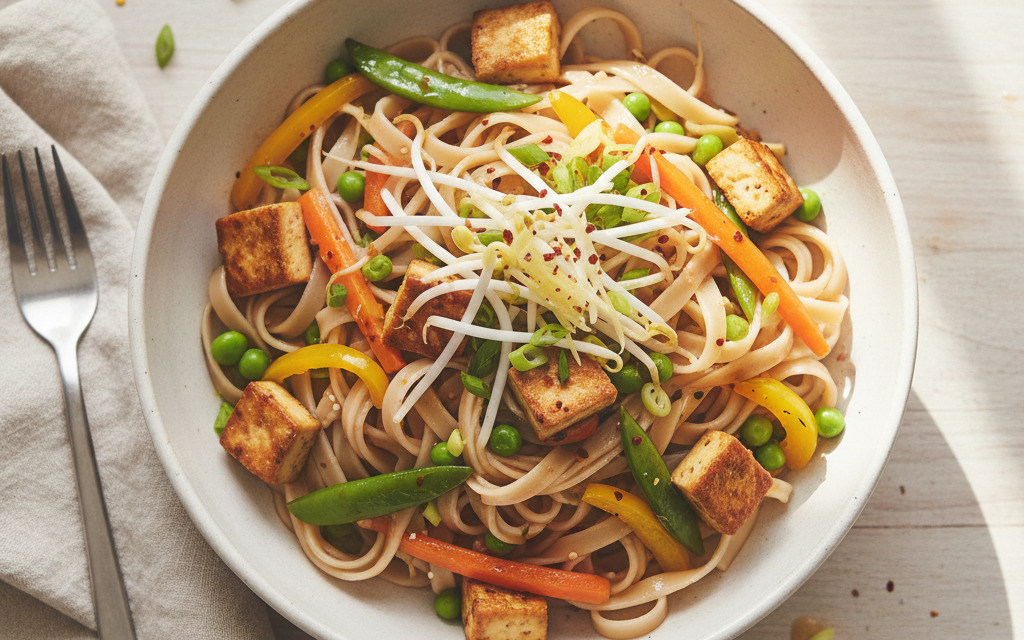 Reisnudeln veganes mit Gemüse und Tofu