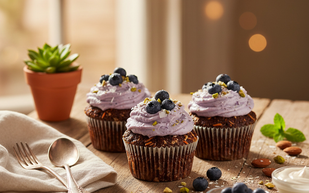 Himmlische rohe Blaubeer Cupcakes