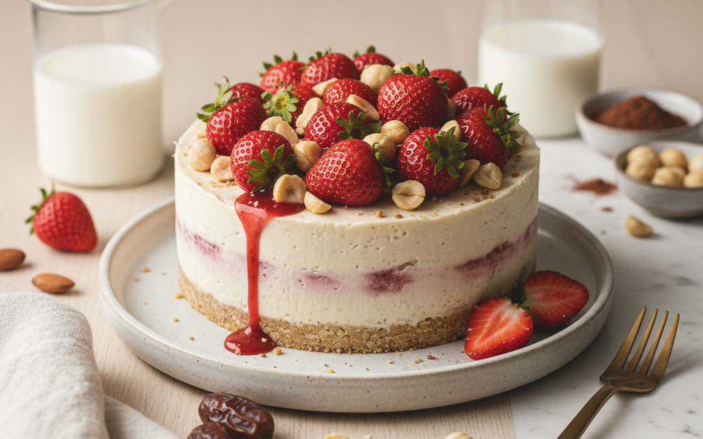 Rohköstliche Vegane Erdbeer-Macadamia-Torte