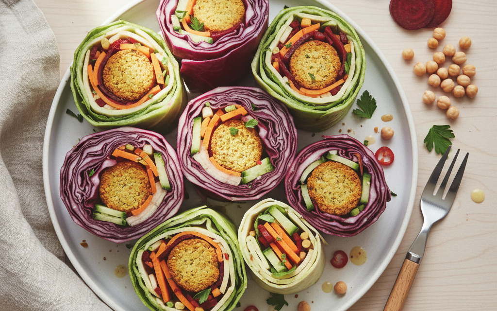 Regenbogen Wraps mit Falafel- und Gemüsefülle