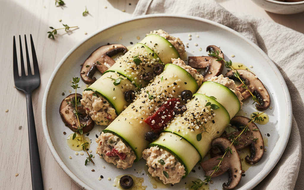Rohvegane Cannelloni mit marinierten Pilzen