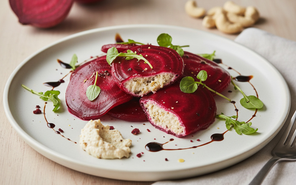 Rote Vegane Beete-Ravioli mit Cashew-Käse-Füllung