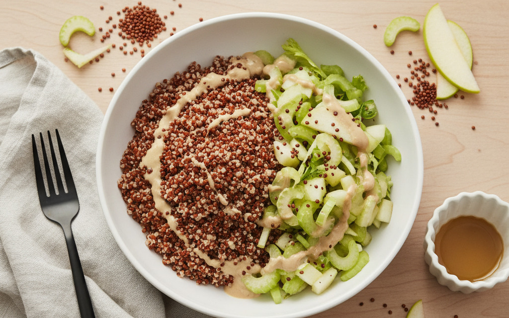 Veganer Roter Quinoa mit Sellerie-Apfel-Salat & Tahini-Dressing