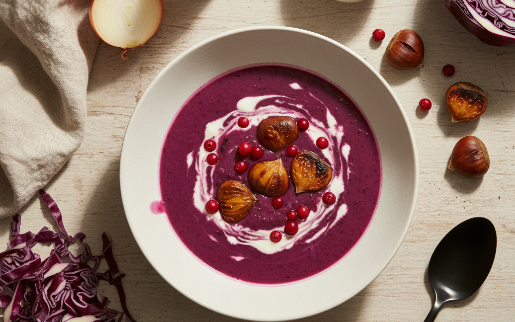 Vegane Rotkraut-Suppe mit Preiselbeeren & Maroni