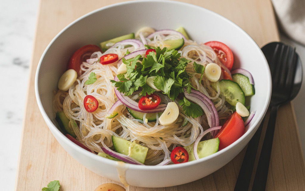 Scharfer veganer Glas-Nudelsalat