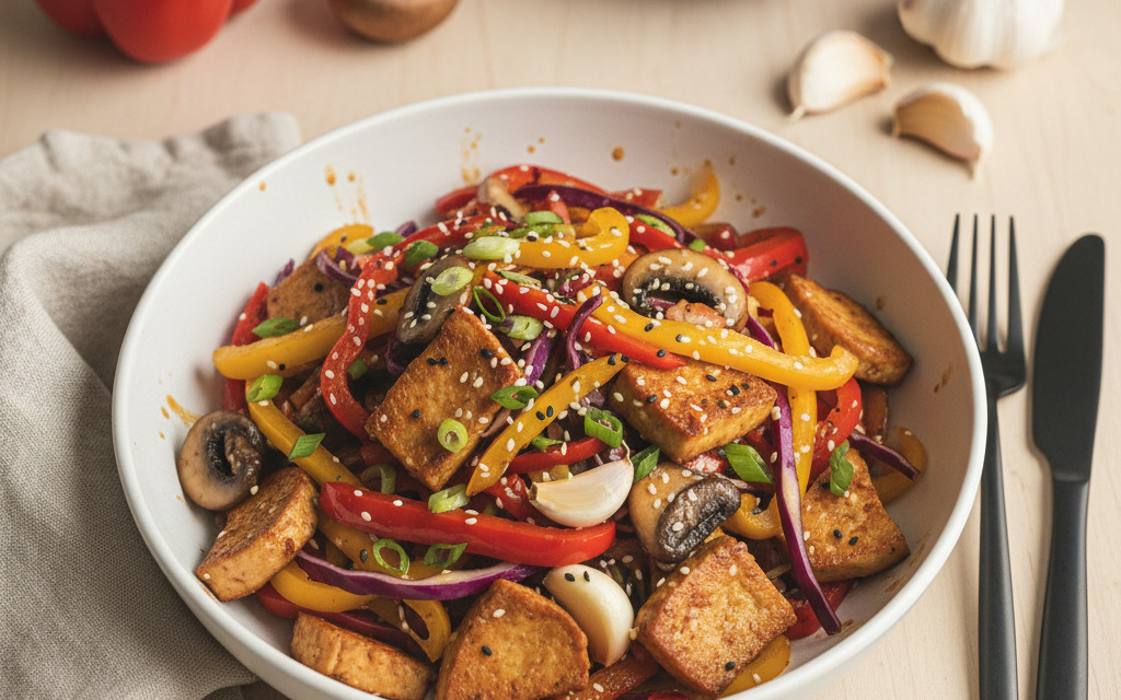 Schnelles vegane Wok-Gemüse mit Seitan-Würfel