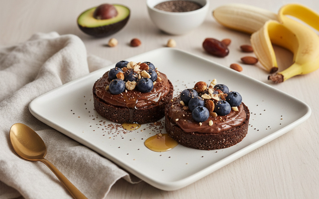 Vegane 3-fach Schoko-Creme-Törtchen mit Chia & Heidelbeeren